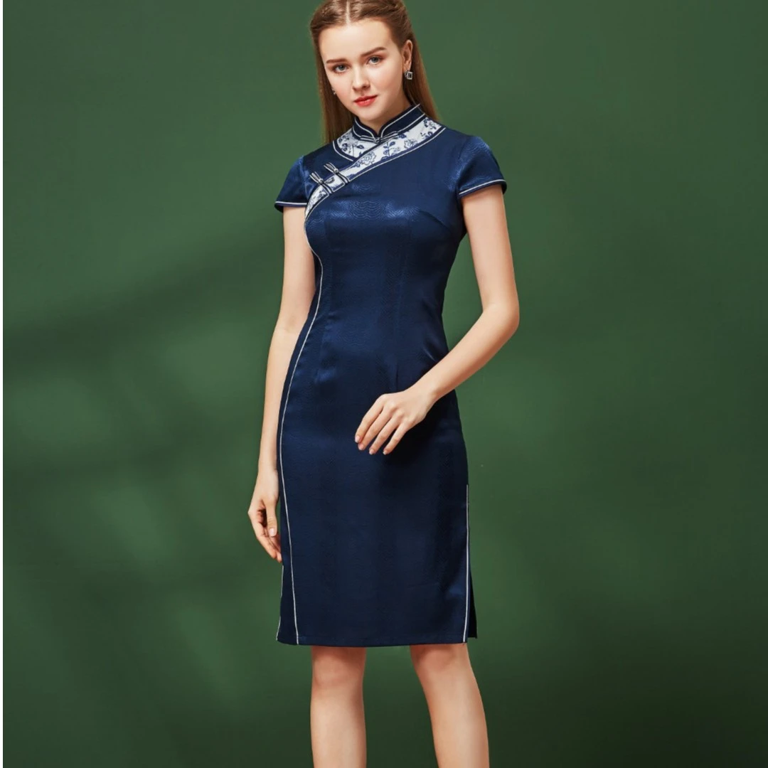 8131【蓝色暗香】夏季蓝色日常改良中国风高端手工旗袍