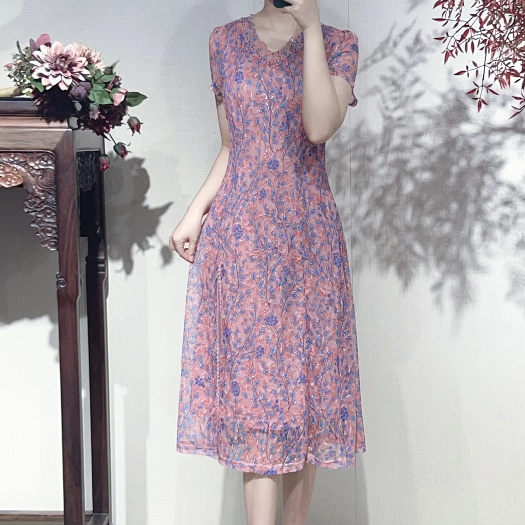 501 -【桃夭品月】夏季透气复古碎花时尚气质连衣裙