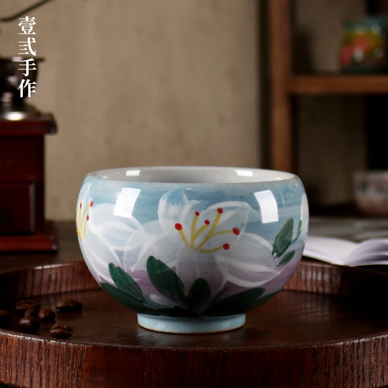 【壹弎手作】复古风拉花咖啡杯陶瓷手绘百合花美式拿铁杯子蛋杯家用