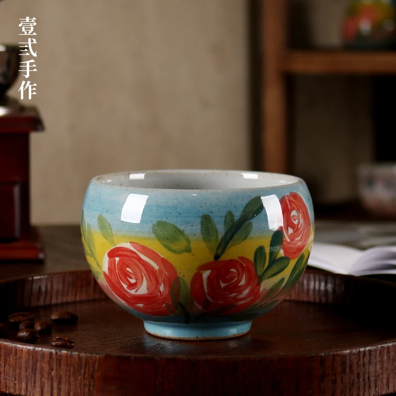 【壹弎手作】复古风拉花咖啡杯陶瓷手绘玫瑰花美式拿铁杯蛋杯家用