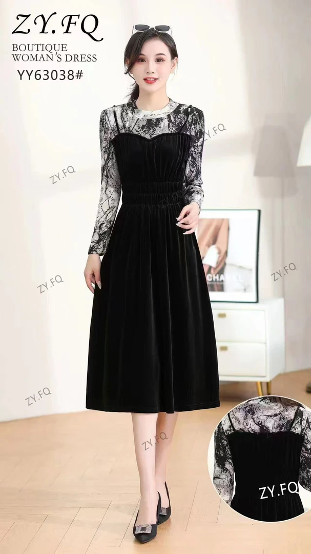 E622拼接连衣裙法式妈妈收腰复古气质新中式丝绒小黑裙