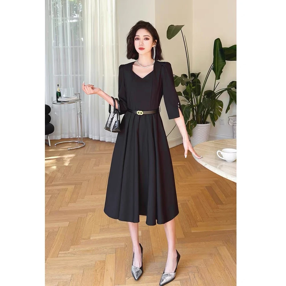 E124无腰带春夏季新款七分袖收腰显瘦气质名媛优雅连衣裙