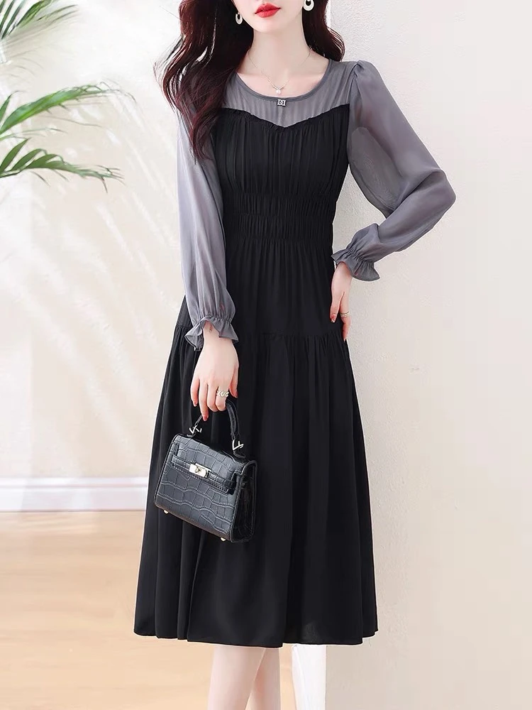 E536显瘦气质假两件连衣裙女2024新款初秋温柔风显瘦裙子