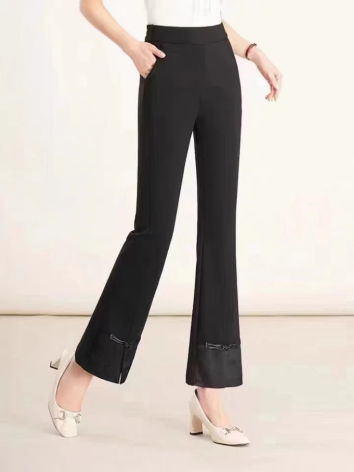 H693新中式国风直筒裤女新款小个子九分拼接盘扣裤屁帘烟管裤