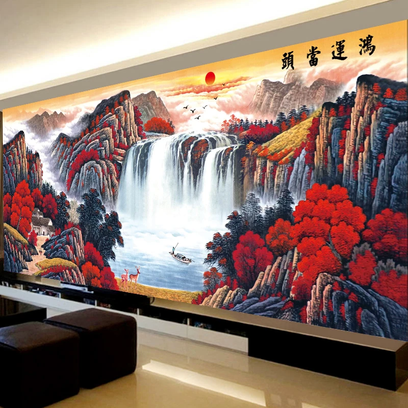 蒙娜丽莎印花十字绣2023新款线绣鸿运当头客厅大幅山水画手工满绣