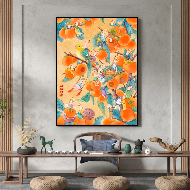 柿子事事如意兔子十字绣2023新款线绣客厅小幅餐厅玄关小件竖版