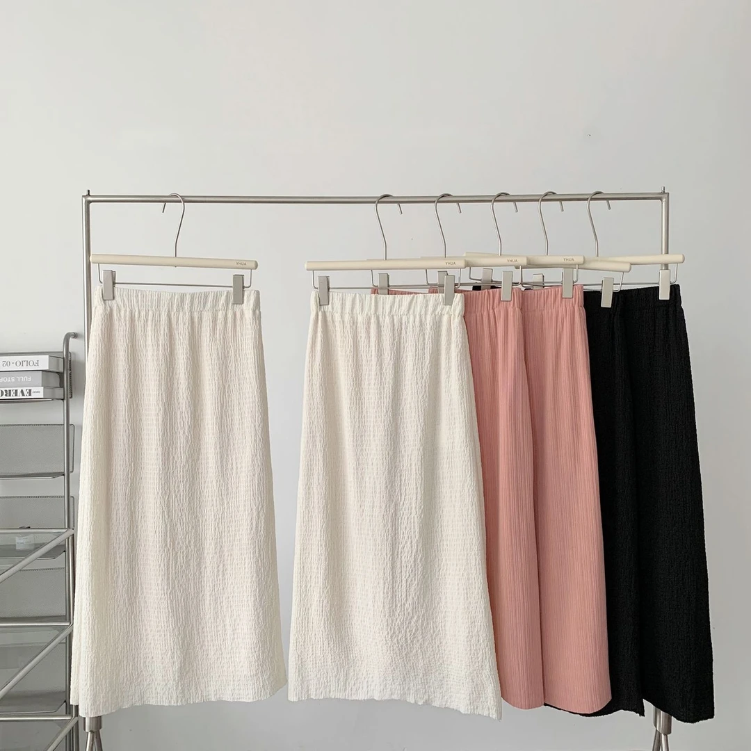 胖MM宽松韩版气质肌理松紧高腰显瘦半身裙秋冬后开叉中长款休闲裙