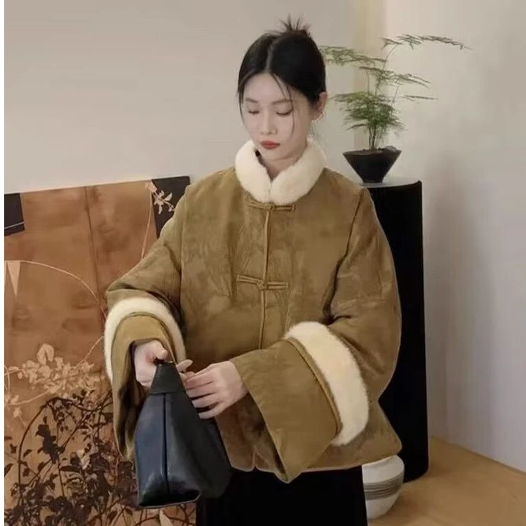 大码国风新中式盘扣圆领重工百搭单排扣加厚厚款长袖夹棉棉袄外套