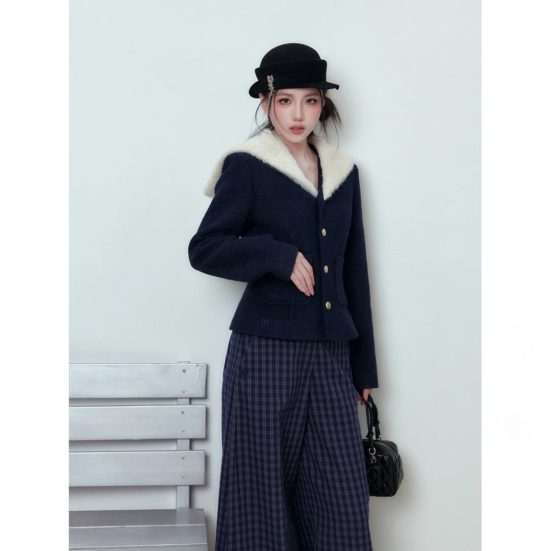 小香风高级感羊毛呢外套海军领高贵轻奢设计秋冬季保暖收腰上衣女
