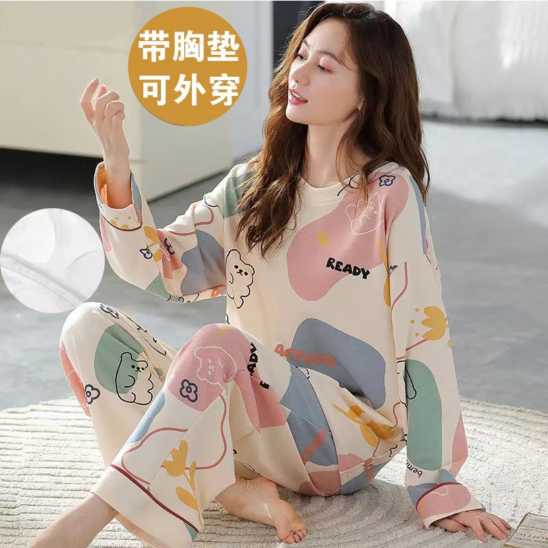 带胸垫睡衣女春秋季长袖2025新款大码女士可外出穿秋冬家居服套装