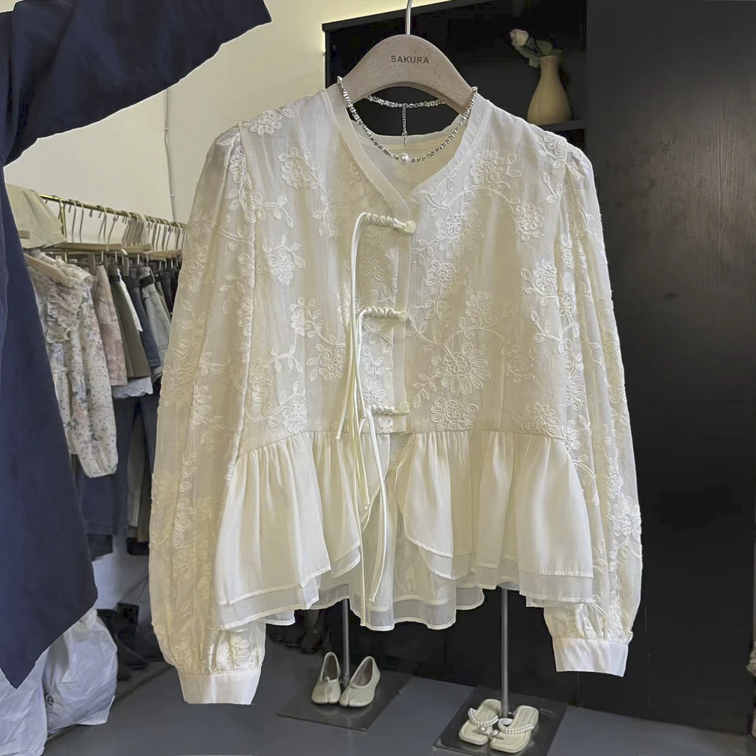 衬衫女长袖新中式国风盘扣刺绣2024春季新款收腰显瘦百搭气质衬衣