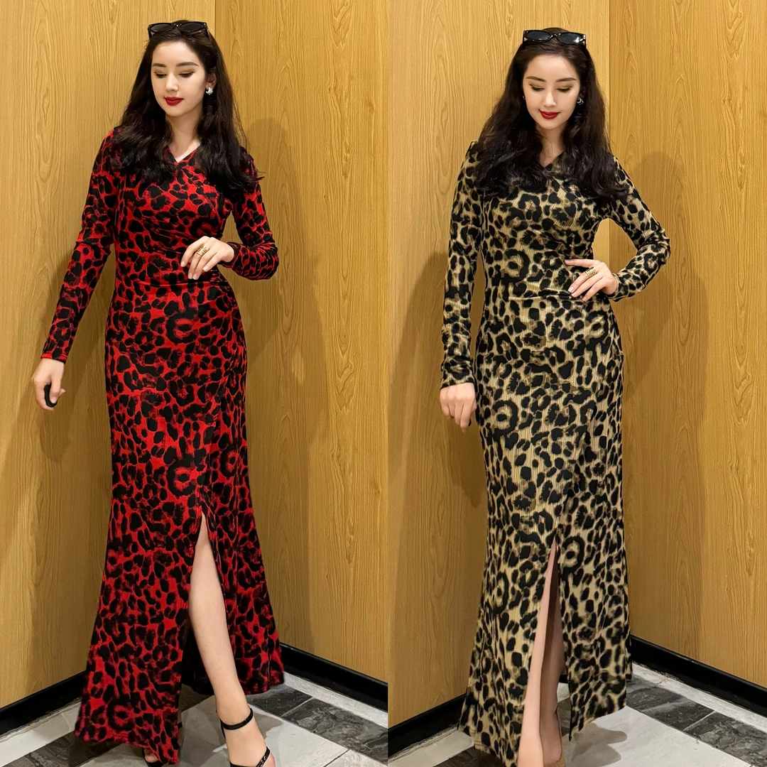 夏秋新款女装红色豹纹连衣裙V领修身长袖网红群135衣长