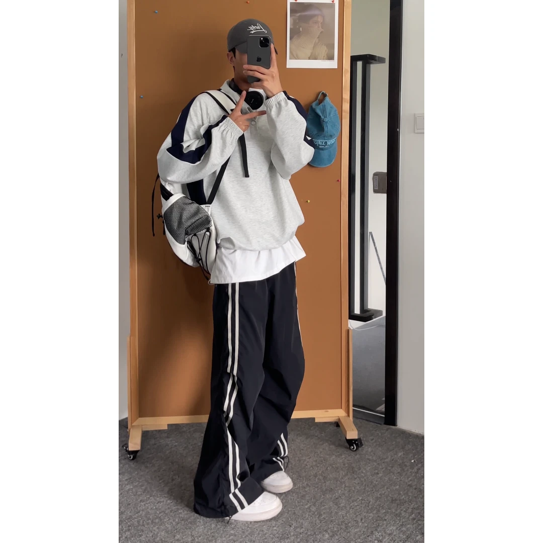 美式卫衣男秋季新款设计感潮牌套头上衣百搭休闲宽松条纹长袖男潮