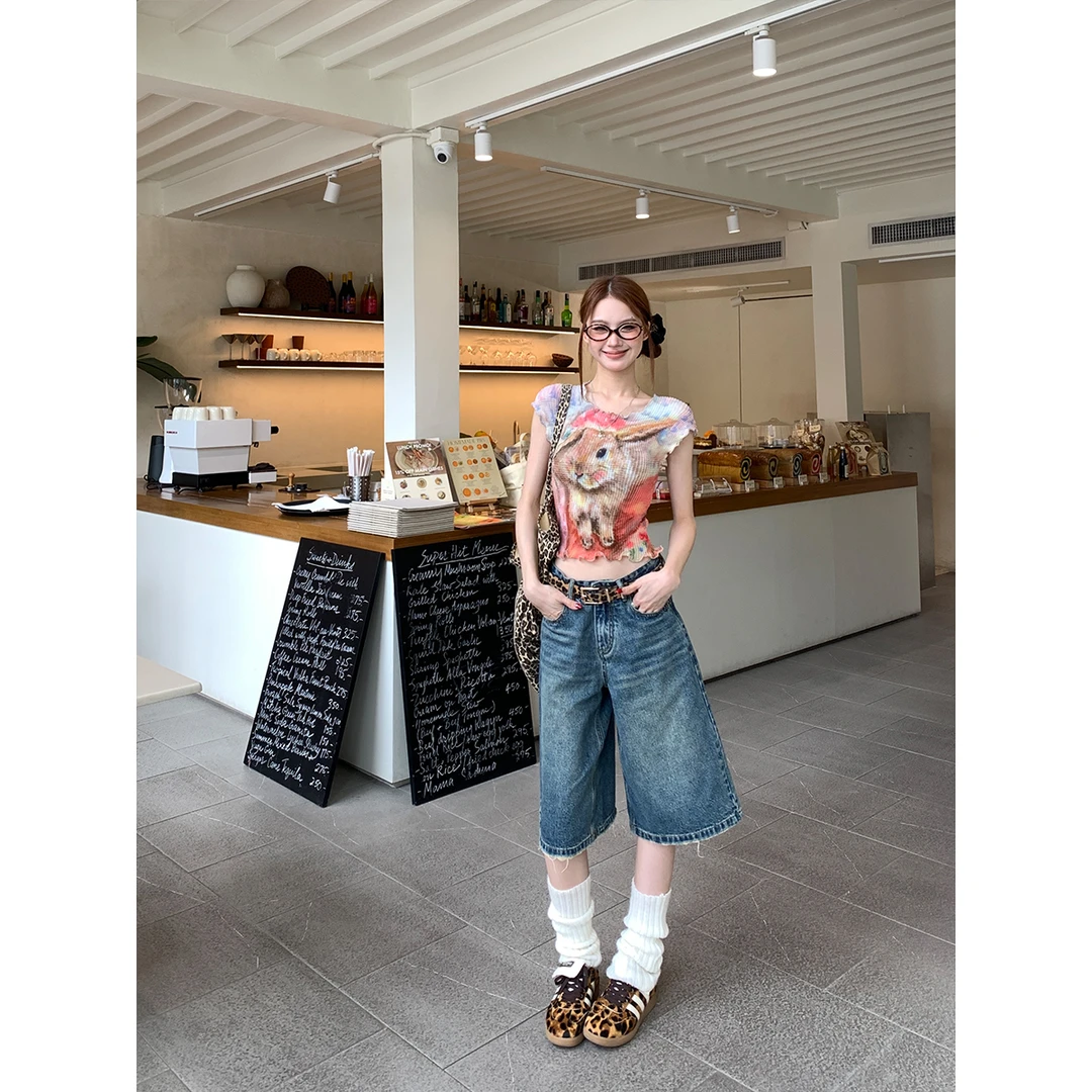 ffcheer 东京24SS 复古牛仔短裤女夏季直筒阔腿A字低腰五分中裤子