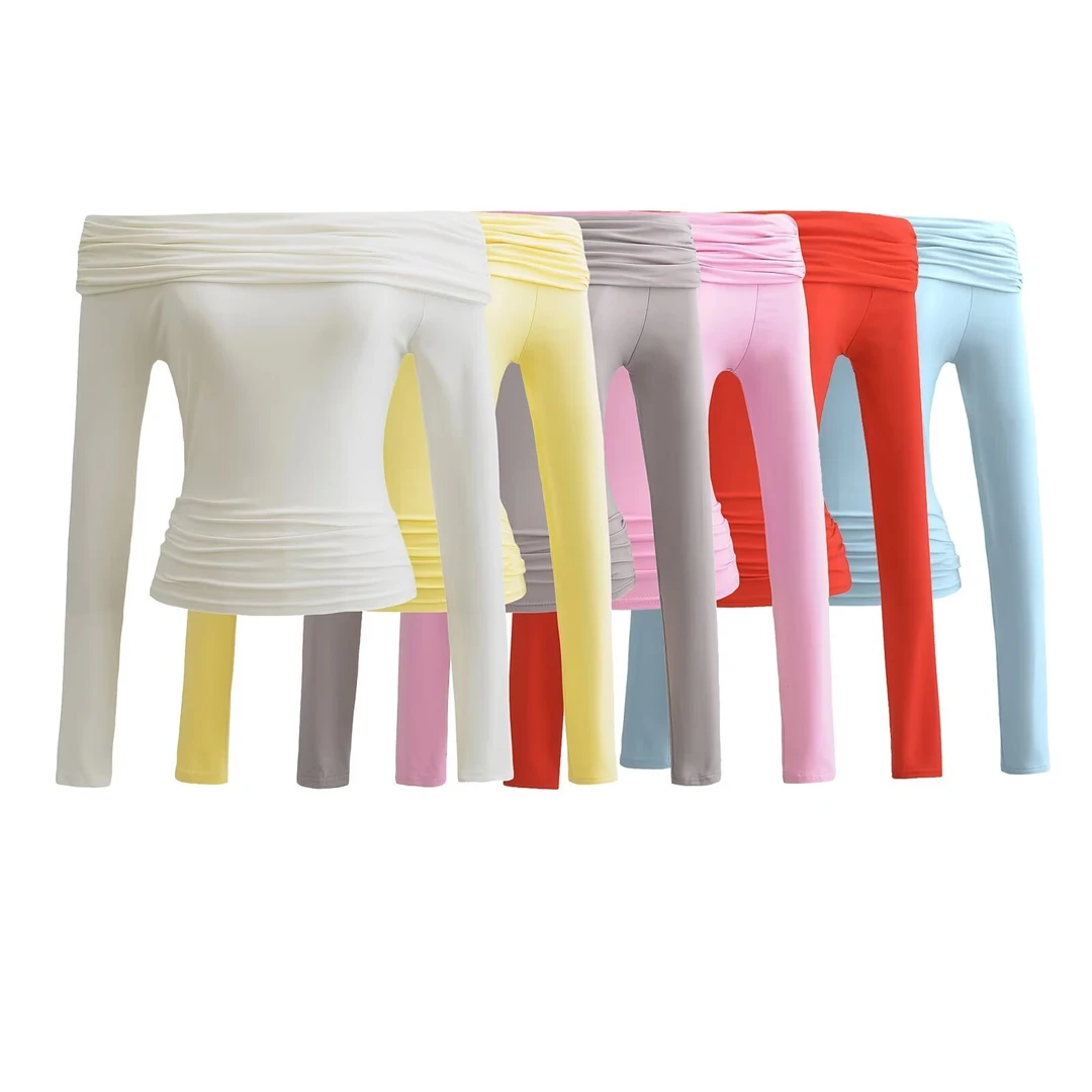 褶皱一字肩长袖打底衫显瘦紧身