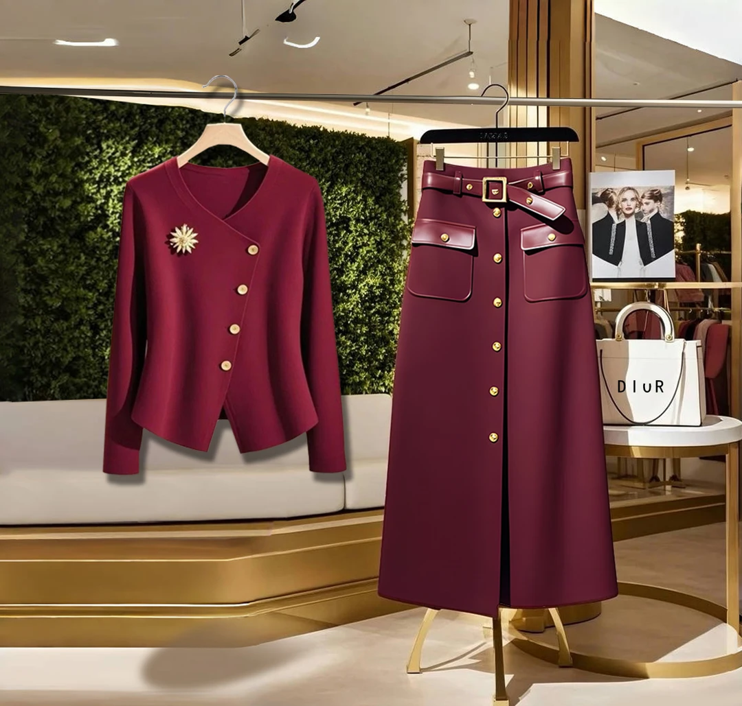 洋气独特别致女装收腰显瘦针织上衣2025秋冬季气质高腰直筒半身裙