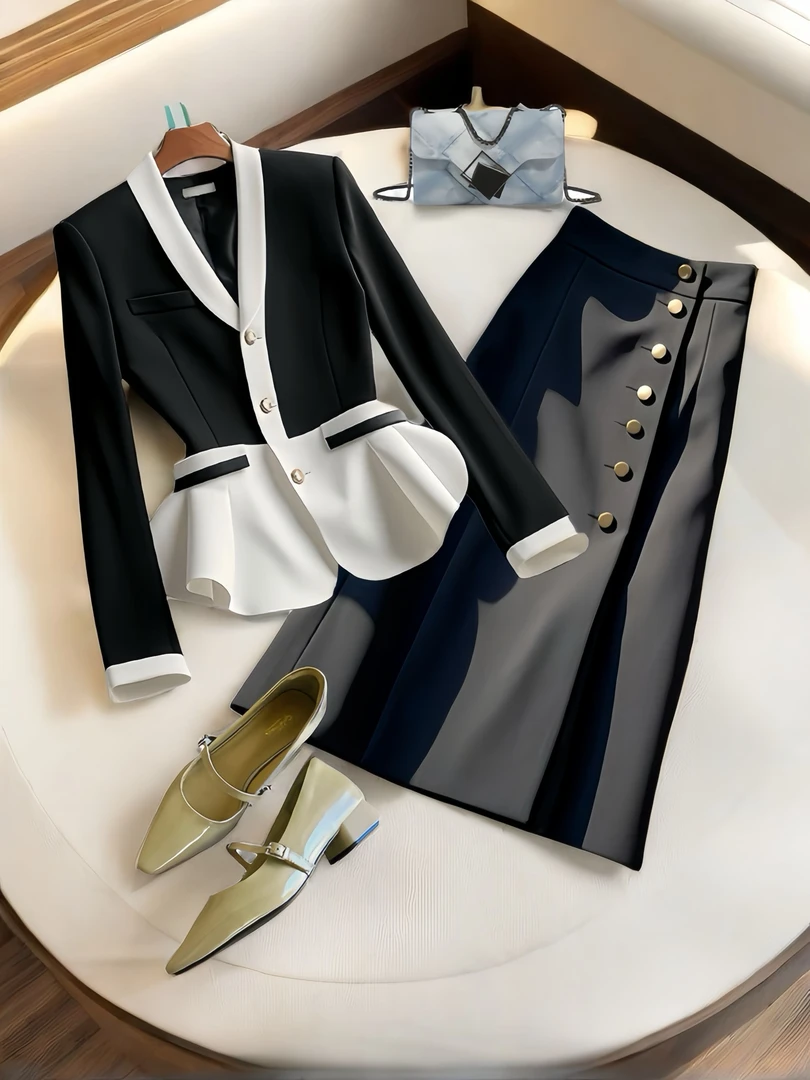 2025秋季轻熟干练气质高端欧货职业女装收腰显瘦上衣半身裙两件套