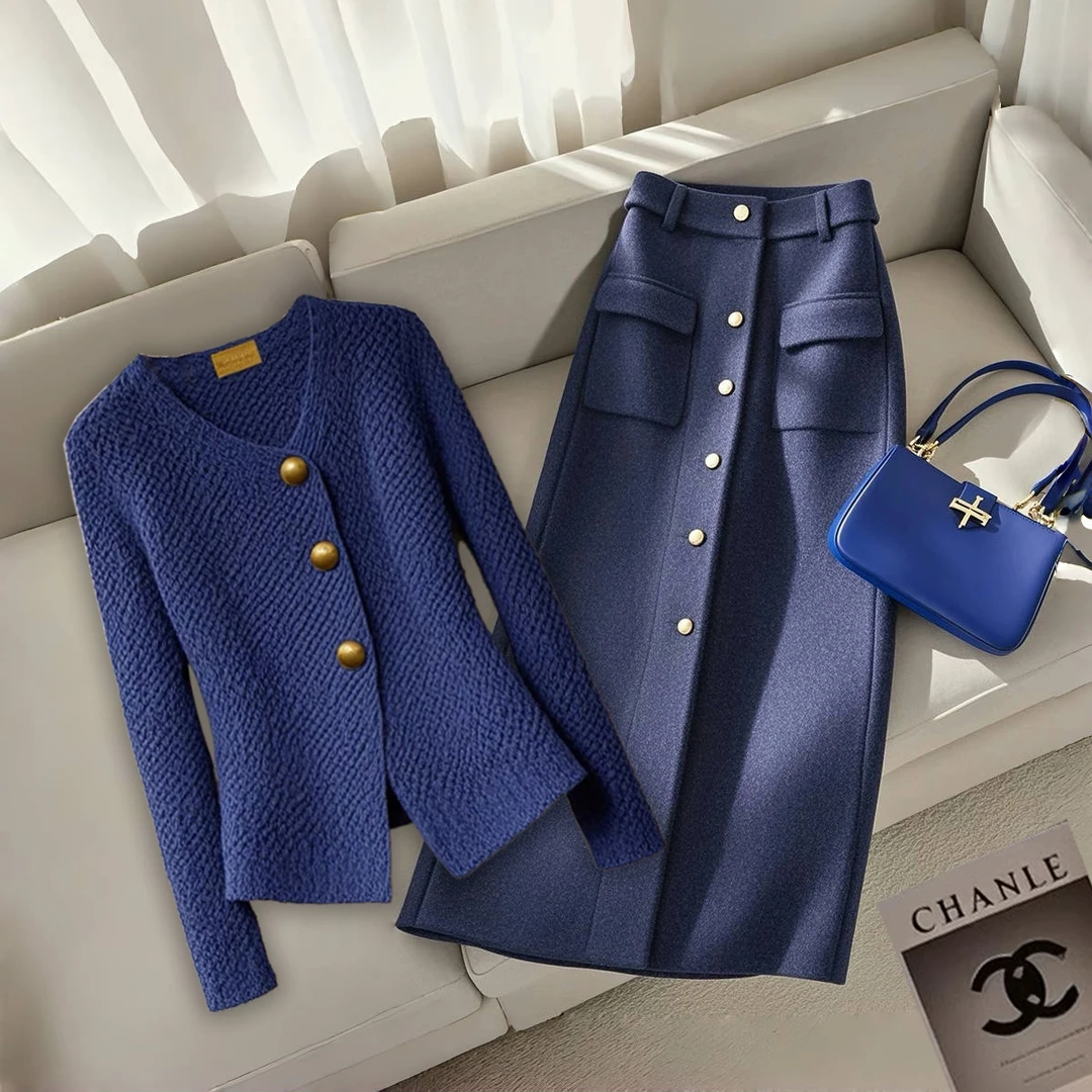 2025一整套新款韩系藏蓝色韩系轻熟风气质淑女针织开衫高腰半身裙
