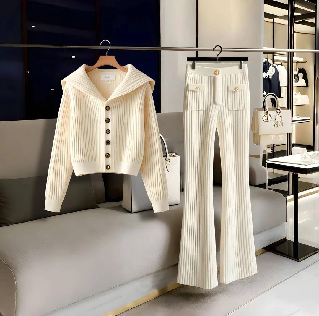 秋冬韩系减龄女装高端时尚小个子针织上衣高腰休闲直筒微喇长裤子