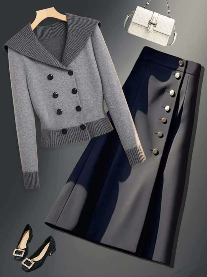 失序混搭新款休闲时尚洋气减龄针织双排扣毛衣高腰显瘦百搭半身裙