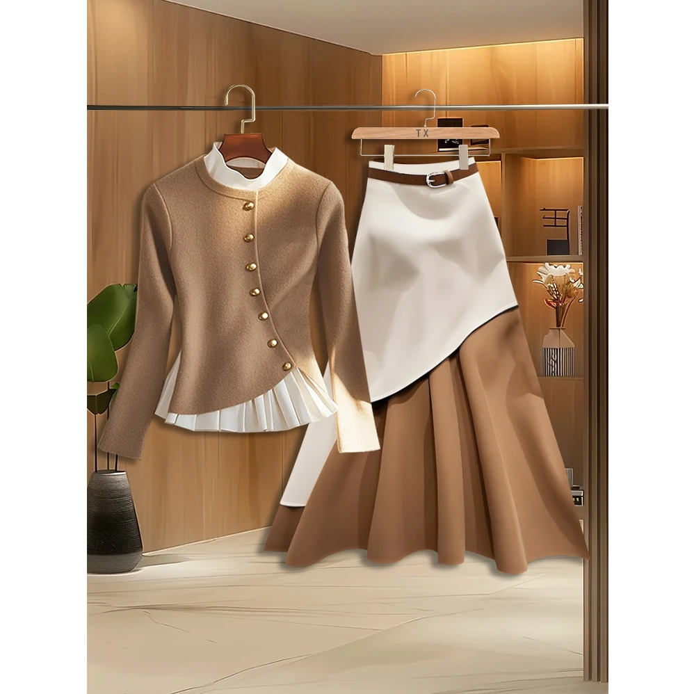 2025秋冬季新款高级感时尚名媛风别致拼接假两件上衣收腰半身裙女