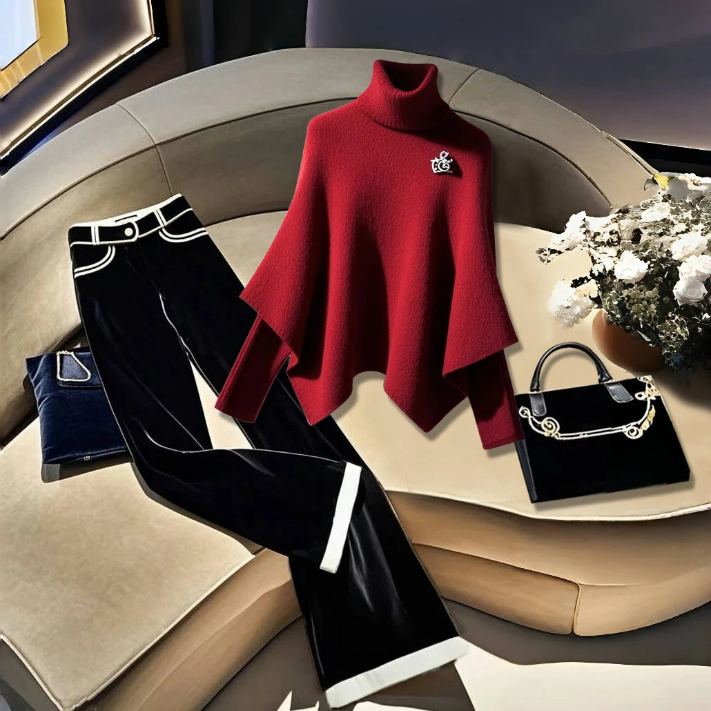 2025秋冬季网红洋气炸街女装假两件斗篷上衣遮肉显瘦百搭直筒裤子