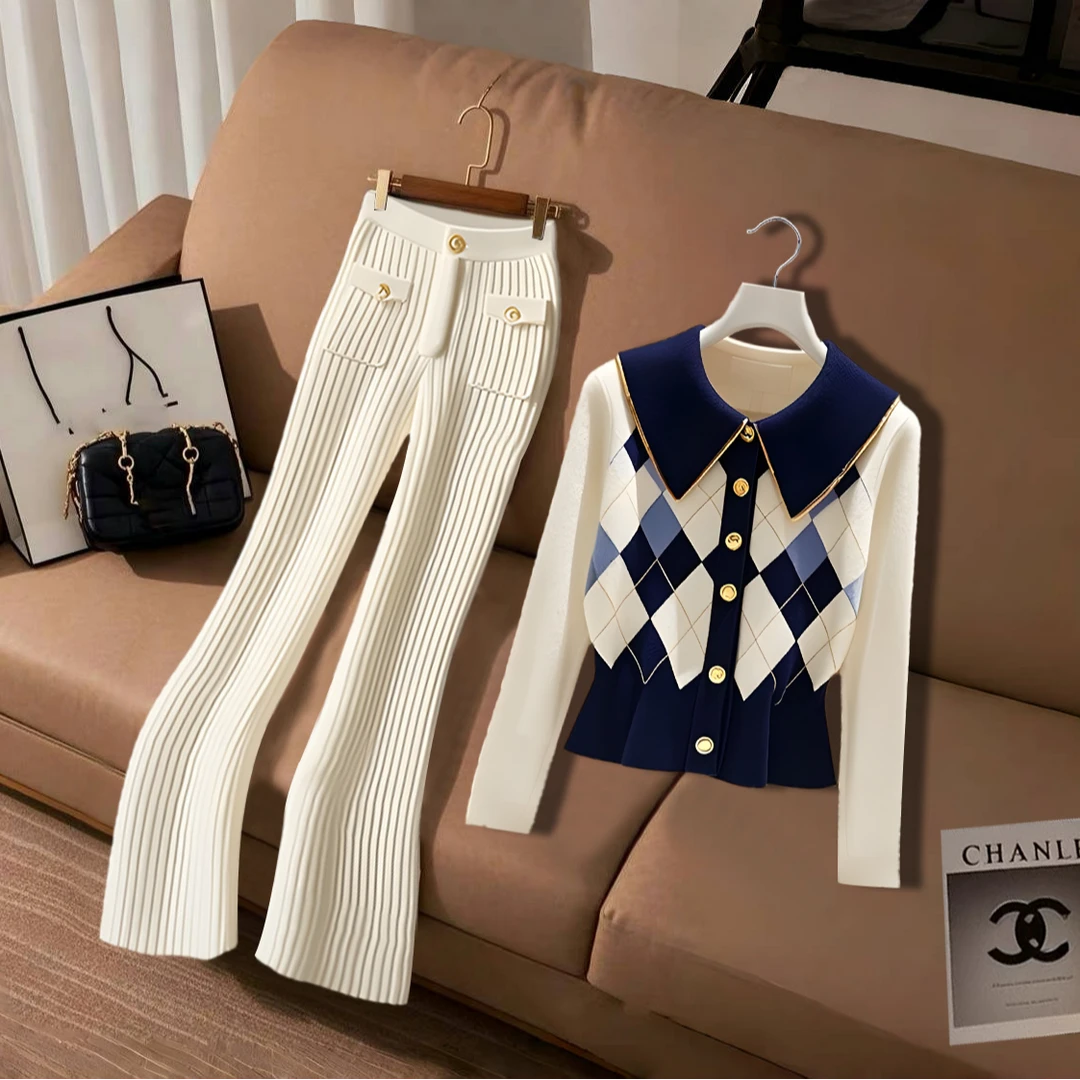韩系chic别致撞色菱格毛衣2025秋冬季女新款时尚百搭直筒微喇裤子