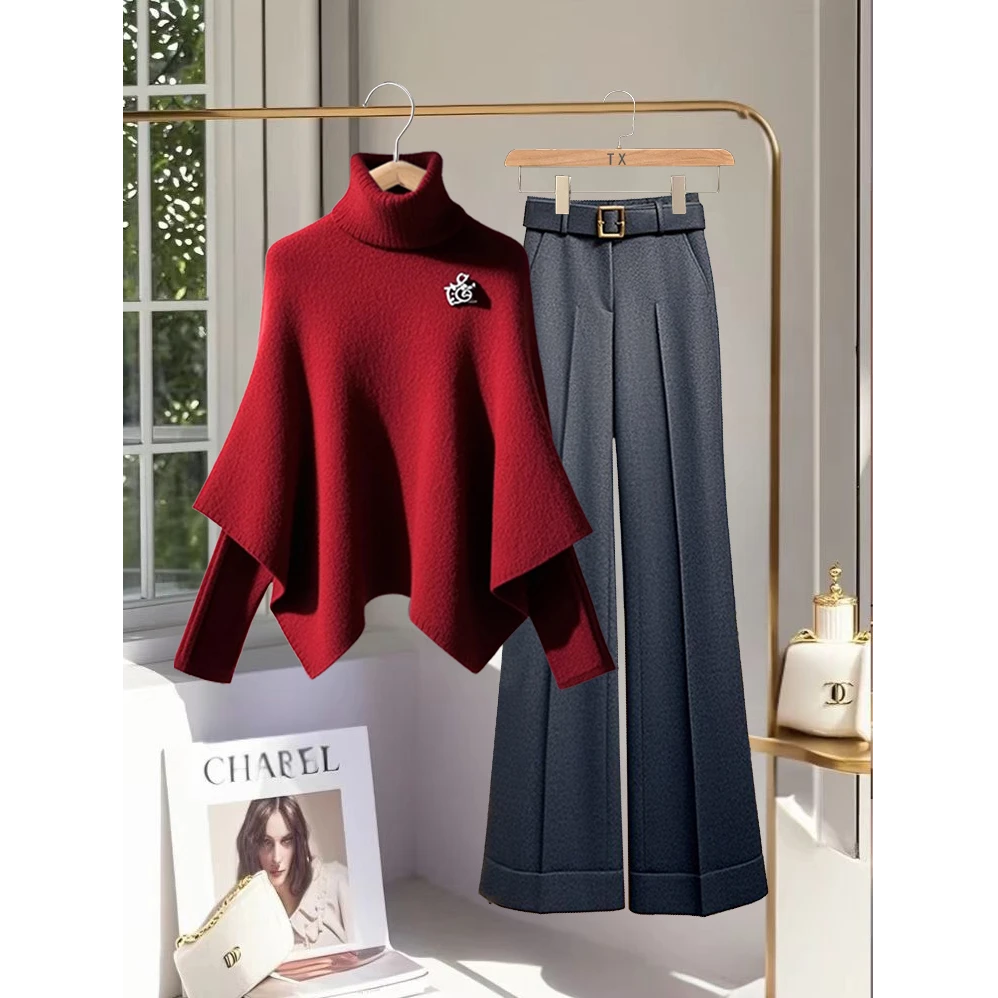 2025秋冬季高级感穿搭轻奢大码女装假两件上衣时尚遮肉显瘦直筒裤