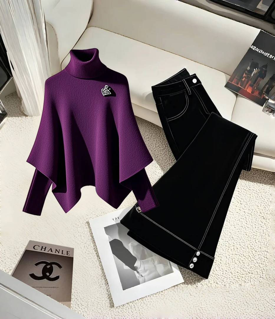 2025秋冬季欧货潮牌精致气质女装轻奢假两件高领斗篷毛衣黑色裤子