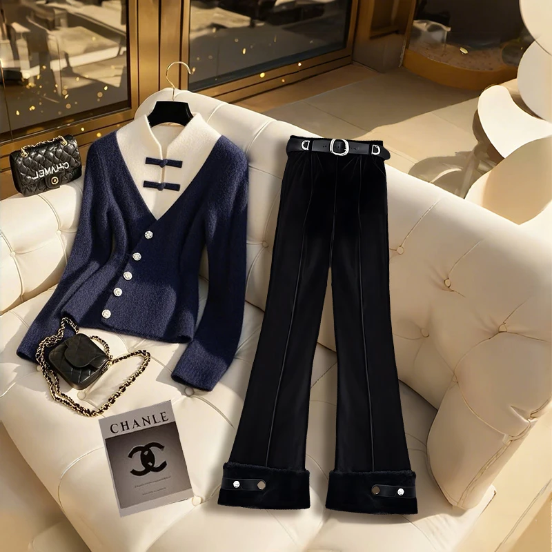 2025冬季新款新中式轻奢百搭针织衫上衣气质高端时尚遮肉微喇裤女