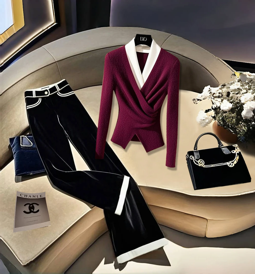 2024秋冬款欧货高端时髦洋气小个子针织上衣休闲显瘦时尚直筒裤女