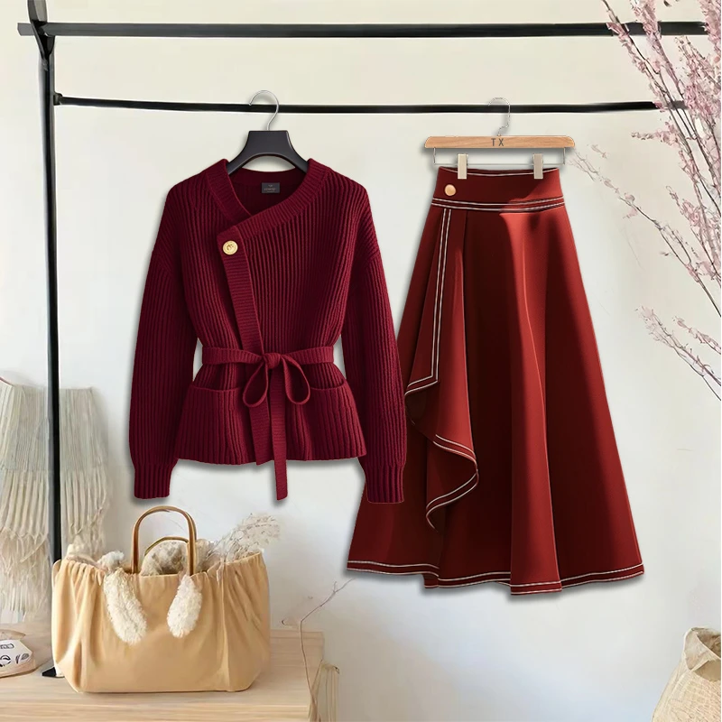 秋冬安可拉红色显白气质洋气针织开衫时尚高腰温柔垂坠感半身裙女