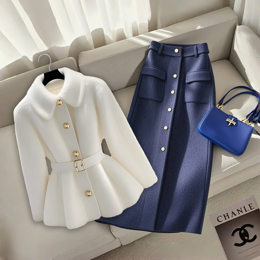 2025秋冬季新款韩系白色小香风短款洋气毛茸茸上衣显瘦高腰半身裙