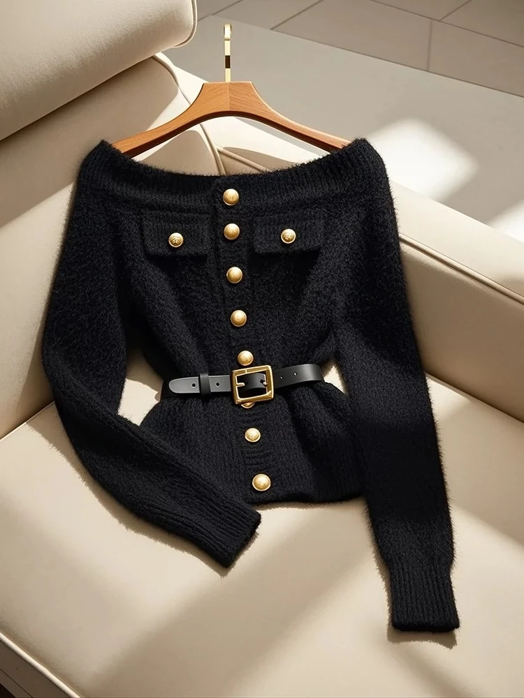 韩系chic女2025秋冬季轻熟风名媛感气质百搭一字肩小香风黑色毛衣