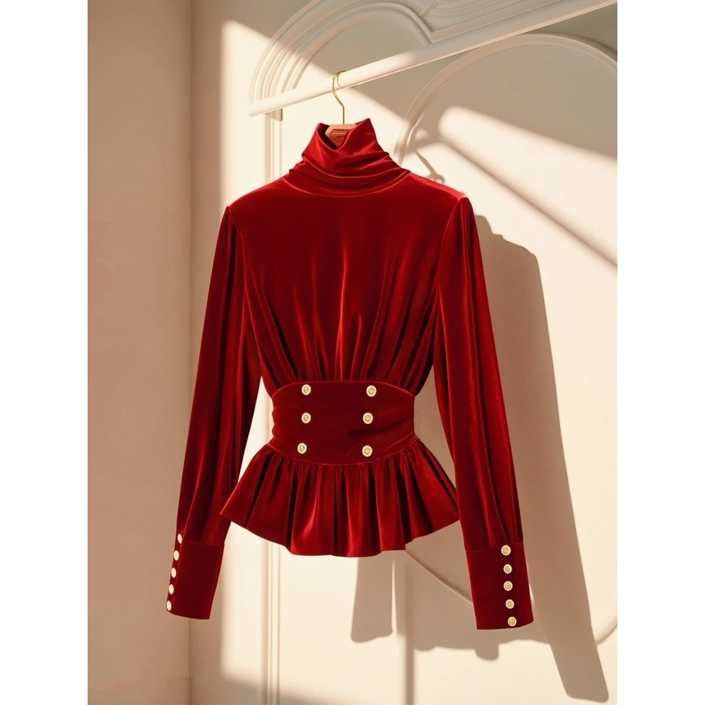 小香风新年红色丝绒上衣女装2025冬季高级感气质内搭打底收腰衬衫