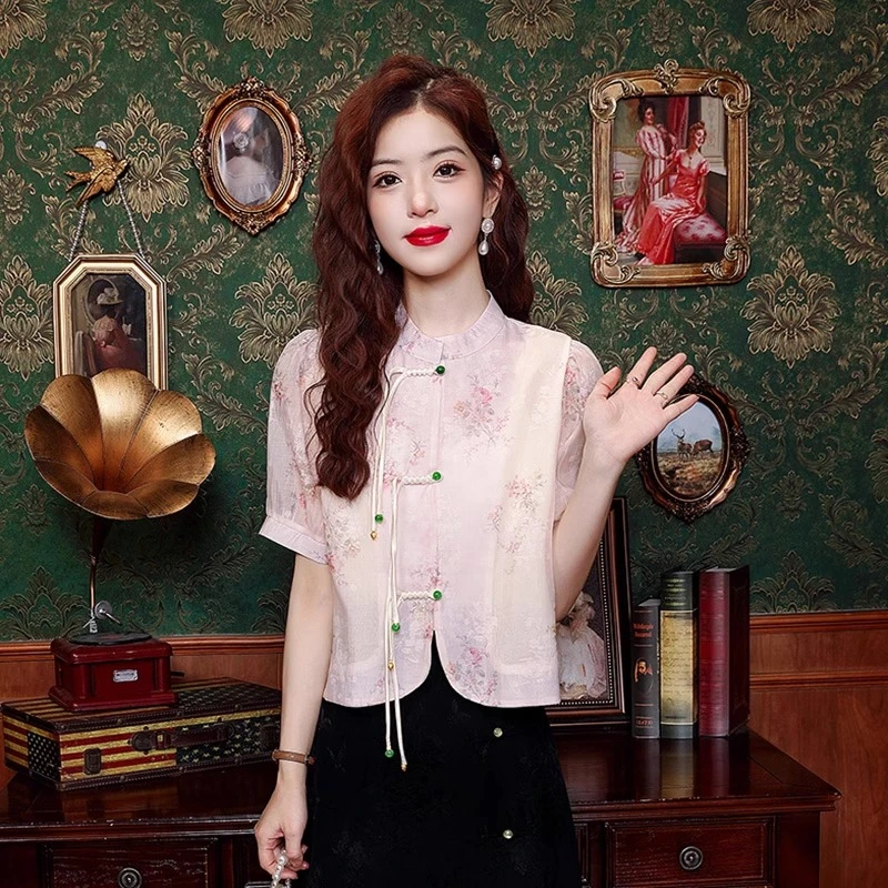【轻奢甄选】新中式国风立领碎花短袖衬衫女士2025夏季新款高级感复