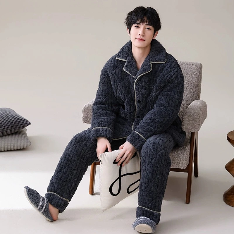 NY珊瑚绒三层夹棉睡衣男秋冬季加绒加厚大码保暖法兰绒家居服套装