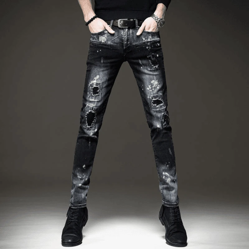 春秋新款高街潮牌假破洞复古牛仔裤男修身小脚弹力泼墨补丁休闲裤