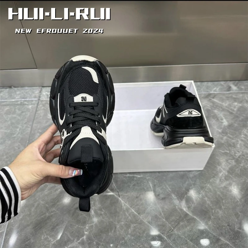 步狮登厚底休闲鞋女款2025春季新款时尚松糕运动鞋百搭黑色老爹鞋