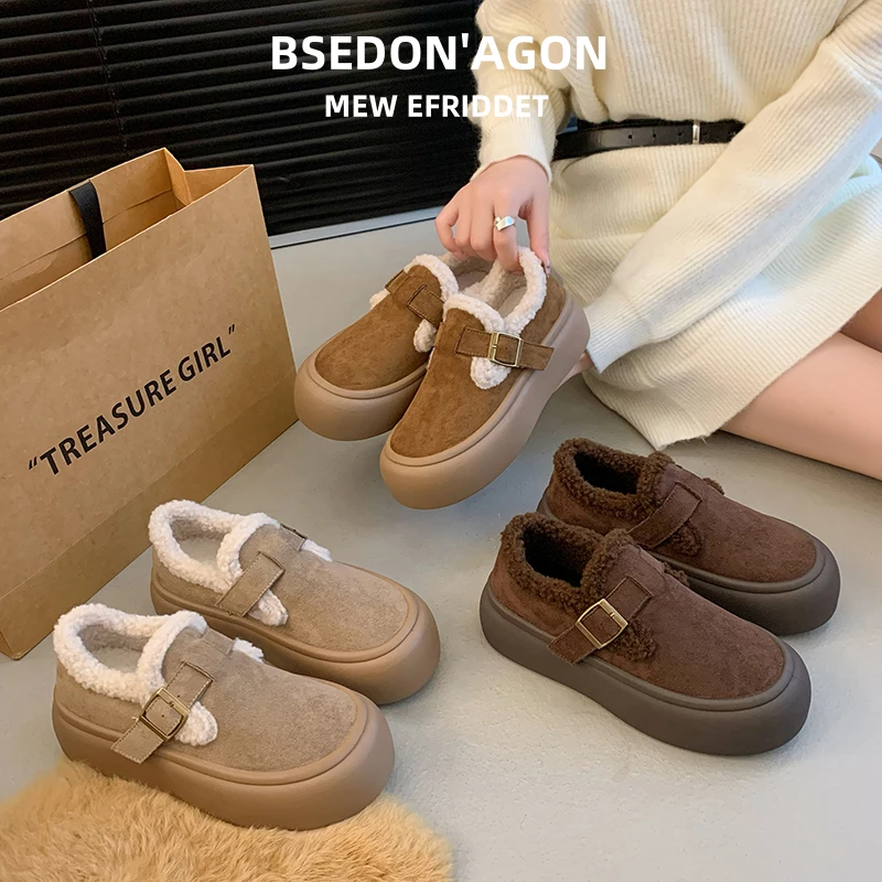 BSDE/步狮登厚底勃肯毛毛鞋女款秋冬季网红百搭加绒加厚雪地棉鞋