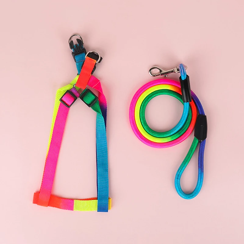【奇妙妙】狗狗宠物牵引绳猫咪牵引带七彩宠物胸背带彩虹色猫狗链子