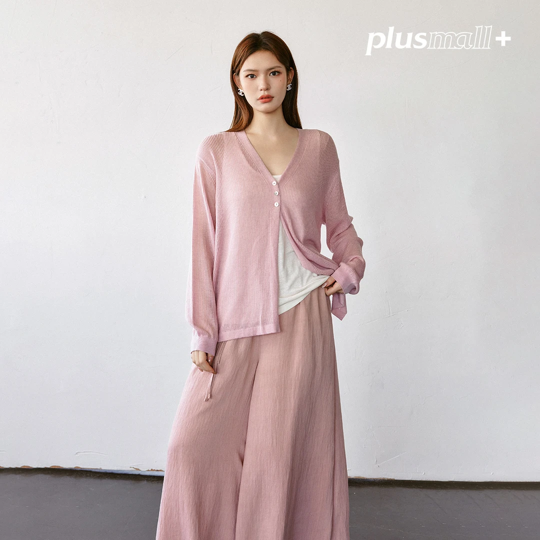 PLUSMALL 云芙软纱2024新款侧边开叉慵懒松弛感针织开衫