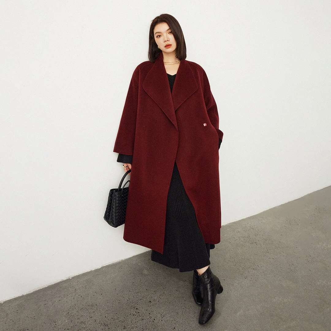 PLUSMALL 小巴黎大衣 双面呢保暖轻盈大翻领外套