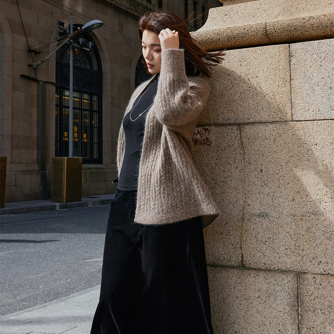 【折扣款】PLUSMALL 香槟琥珀 金丝亮片粗针编织开衫PPPP2410039