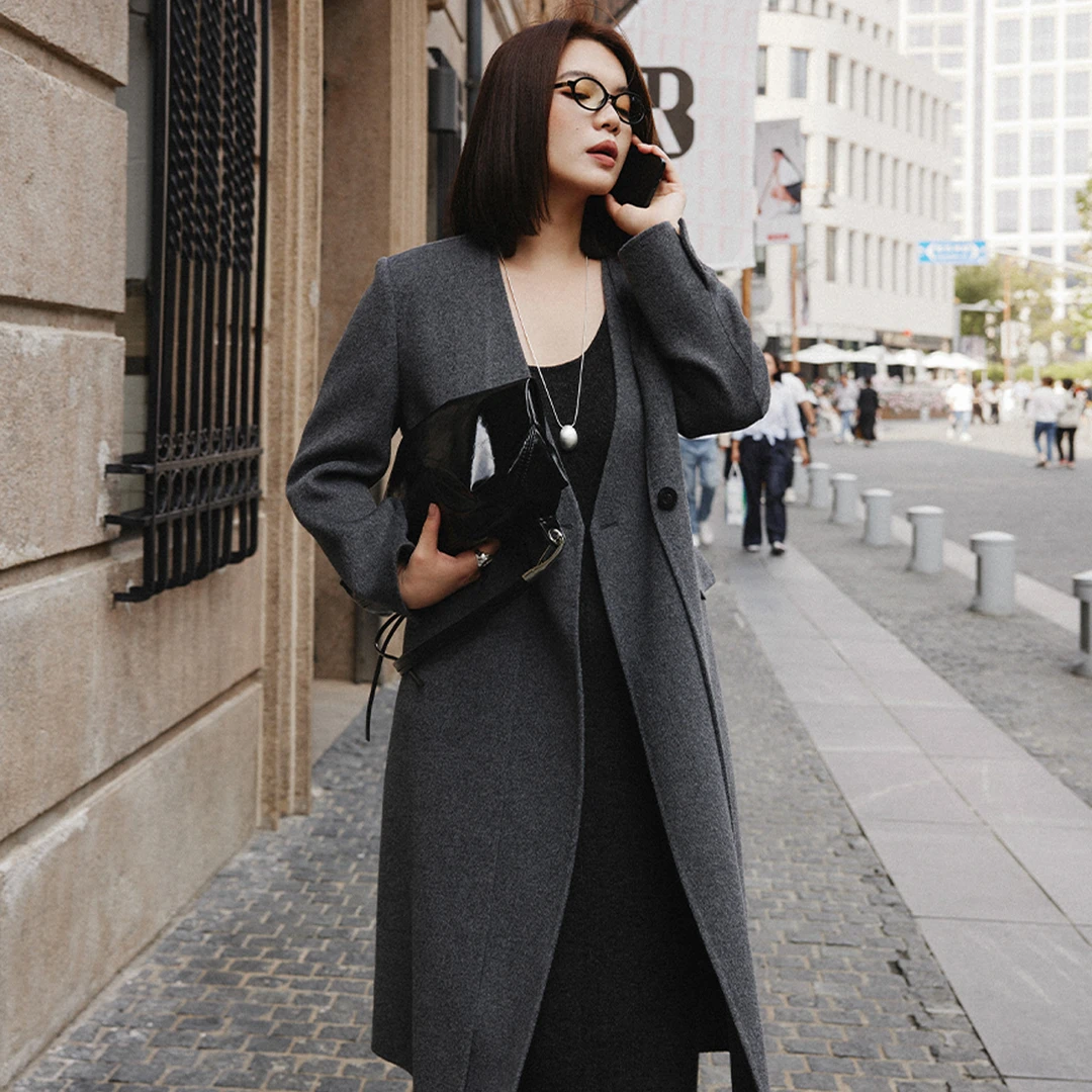 【折扣款】PLUSMALL 柏林大衣 假两件V领宽松双面呢外套PPPP2408047