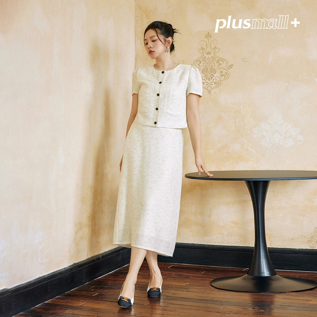 PLUSMALL 赫拉假日 夏季新款气质泡泡袖短袖半身裙千金小香风套装