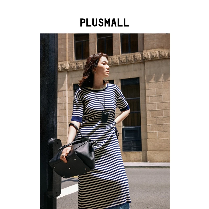 PLUSMALL 海角往事 轻奢羊毛混纺法式慵懒海军风条纹圆领连衣裙