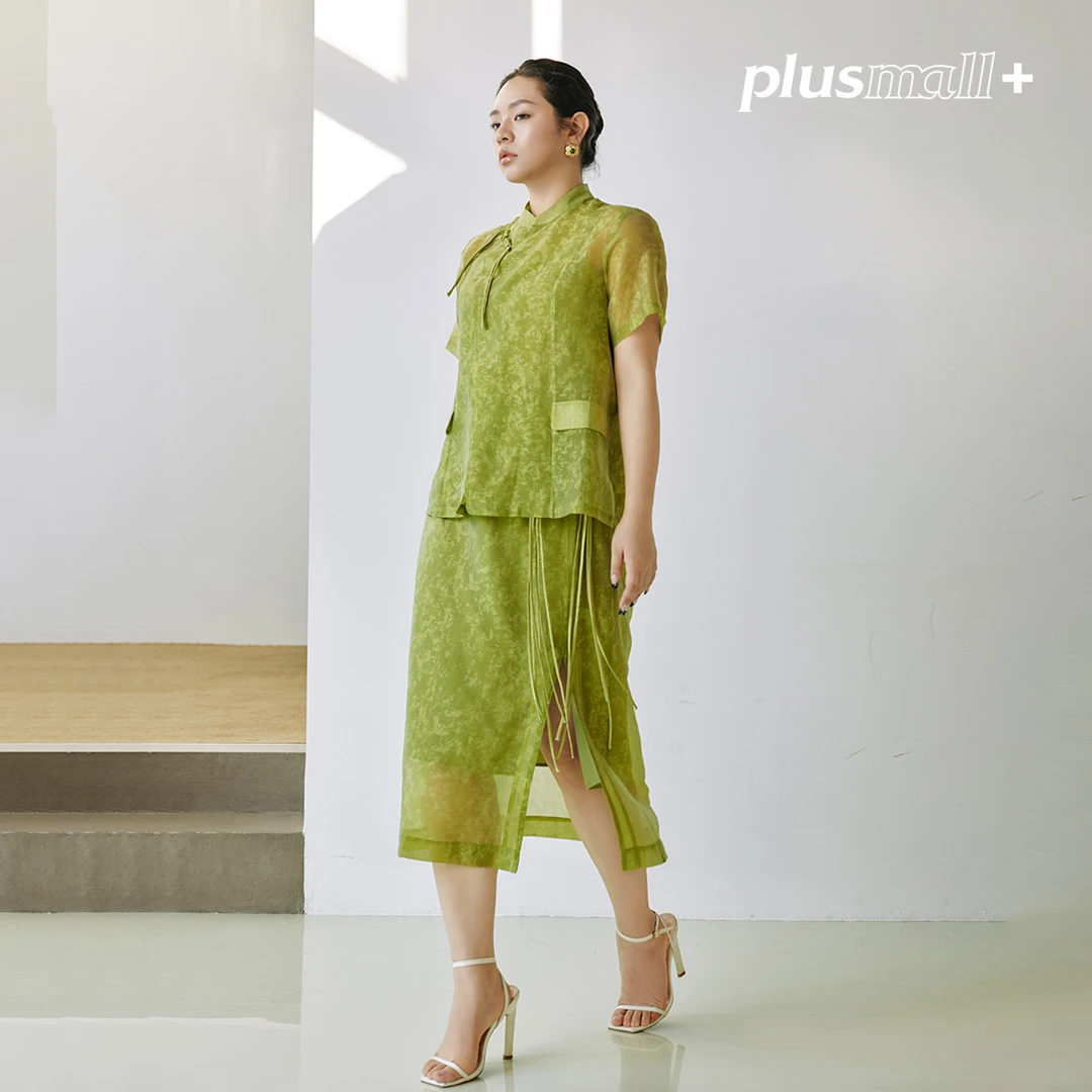 PLUSMALL 绿璃流珠 国风新中式气质盘扣印花短袖套装裙含吊带