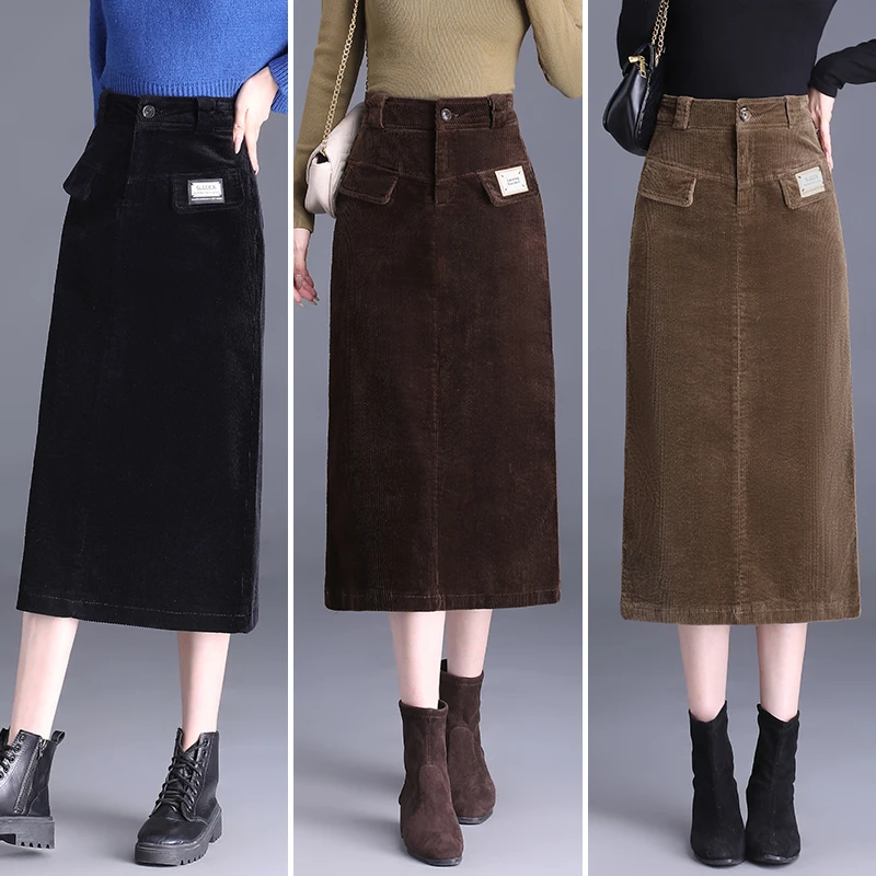 高腰显瘦复古灯芯绒半身裙女士秋冬遮胯直筒a字中长款包臀裙冬季