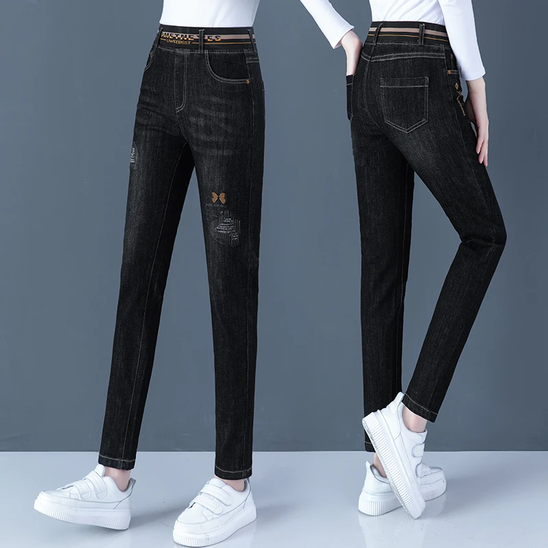 牛仔裤女百搭季2023新款加绒紧身高腰显瘦宽松小脚铅笔裤子女弹力